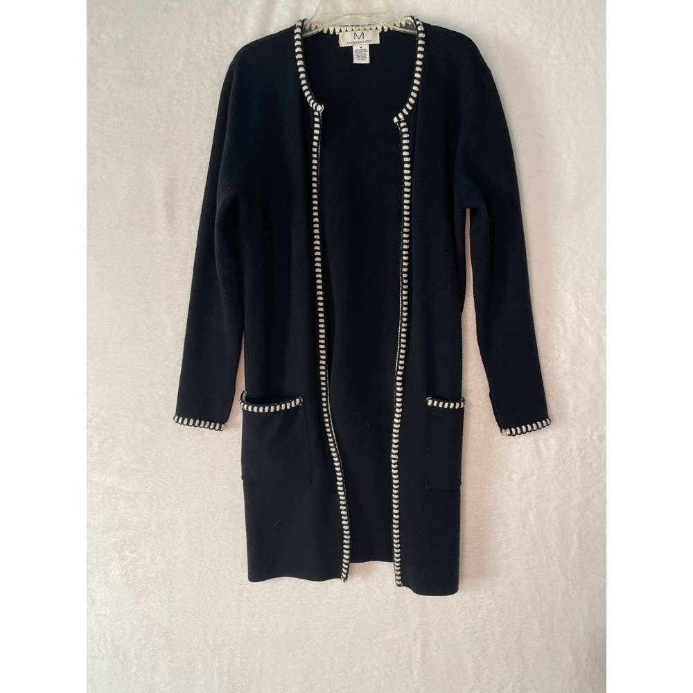 Magaschoni Womens Black White Whipstitch Open Front Longline Cardigan Sweater M